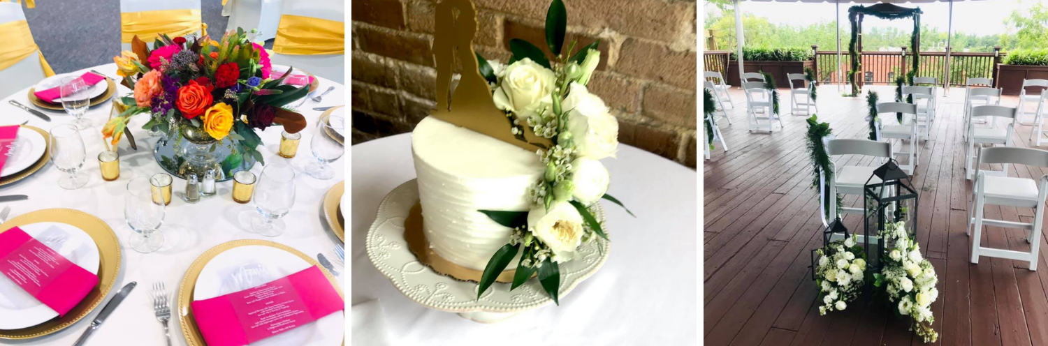 Wedding cake, reception table, and flower decor